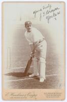 John Thomas Brown. Yorkshire & England 1889-1904. Original sepia cabinet card photograph vignette of Brown standing full length in batting pose at the wicket, wearing Yorkshire cap. Nicely signed in black ink to the photograph by Brown. E. Hawkins & Co. o