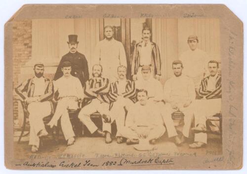 Australia tour to England 1882. Early original sepia photograph of twelve members of the Australian touring party seated and standing in rows wearing cricket attire, some in blazers. The photograph, measuring 5.25”x3.5”, is laid to cabinet card style moun