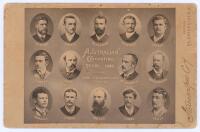 Australian tour to England 1888. Rare original sepia cabinet card of the Australian touring party, each depicted in cameo wearing formal attire. Photograph by London Stereoscopic Co. Printed title to centre ‘Australian Cricketing Team 1888’ with players’ 