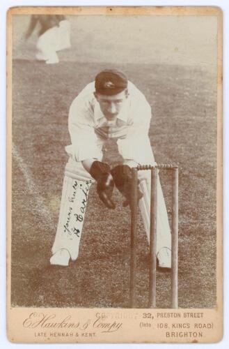 Hanson ‘Sammy’ Carter. New South Wales & Australia 1897-1925. Excellent sepia cabinet card photograph of Carter depicted full length in wicket-keeping pose wearing Australian Test cap. Signed in black ink to the photograph ‘Yours truly H Carter’. Cabinet 