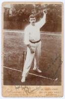 John Victor ‘Jack’ Saunders. Victoria, Wellington & Australia 1899-1914. Rare and excellent sepia cabinet card photograph of Saunders depicted full length in bowling pose wearing Australian Test cap. Signed in black ink twice by Saunders, to the photograp