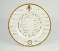 ‘The Ashes’ England v Australia 1953. Magnificent Royal Worcester bone china plate produced by the factory to commemorate the Ashes series in England 1953. The plate bears the printed signatures in gold of the England and the Australian touring teams plus