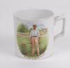 Sydney F. Barnes Warwickshire, Lancashire, Staffordshire, England & Wales 1894-1930. Commemorative transfer printed mug with vignette of Barnes, wearing cap, stood at the wicket with ball in his hand to centre, with inscription ‘Syd. F. Barnes. Famous Int