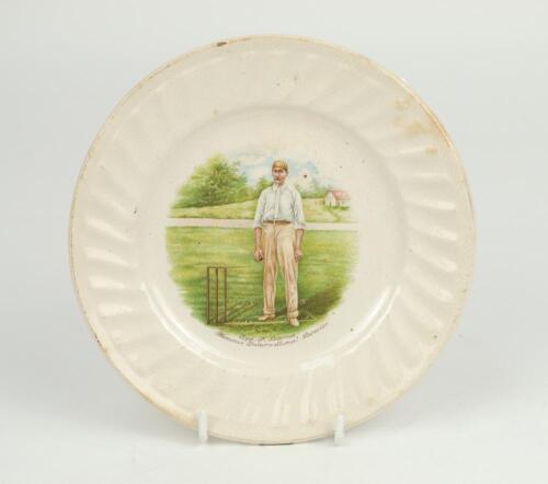 Sydney Francis Barnes, Warwickshire, Lancashire, Staffordshire, England & Wales 1894-1930. A commemorative side plate with colour transfer printed vignette of Barnes wearing cap, stood at the wicket with ball in his hand to centre, with inscription ‘Syd. 