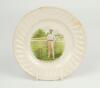 Sydney Francis Barnes, Warwickshire, Lancashire, Staffordshire, England & Wales 1894-1930. A commemorative side plate with colour transfer printed vignette of Barnes wearing cap, stood at the wicket with ball in his hand to centre, with inscription ‘Syd. 