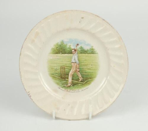 Sydney Francis Barnes, Warwickshire, Lancashire, Staffordshire, England & Wales 1894-1930. A commemorative side plate with colour transfer printed vignette of Barnes in bowling pose next to the wicket to centre, with inscription ‘Syd. F. Barnes-Famous Int