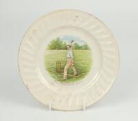 Sydney Francis Barnes, Warwickshire, Lancashire, Staffordshire, England & Wales 1894-1930. A commemorative side plate with colour transfer printed vignette of Barnes in bowling pose next to the wicket to centre, with inscription ‘Syd. F. Barnes-Famous Int