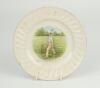 Sydney Francis Barnes, Warwickshire, Lancashire, Staffordshire, England & Wales 1894-1930. A commemorative side plate with colour transfer printed vignette of Barnes in bowling pose next to the wicket to centre, with inscription ‘Syd. F. Barnes-Famous Int