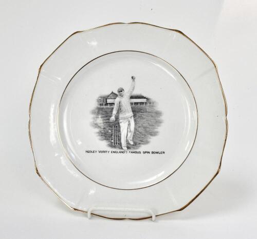 Hedley Verity, Yorkshire & England. Unusual commemorative ceramic plate for ‘Hedley Verity, England’s Famous Spin Bowler’ with transfer printed vignette of Verity in bowling pose and title to face. Gold lustre to inner rim and outer rim. To verso, a trans