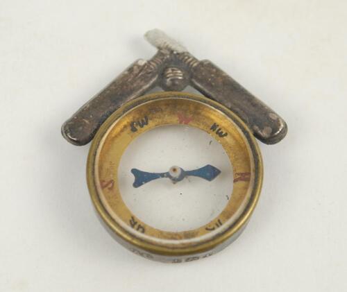 Cricketers’ compass 1910. Small circular compass with glass to both sides, surmounted by two crossed cricket bats and a ball in silver. The compass is 0.75” in diameter, overall approx. 1”x1.25”. Hallmark for Birmingham 1910 and makers mark ‘A.C.’ possibl