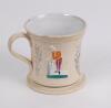 Staffordshire waisted cricket mug with strap handle and beaded rim, with cream background and three raised figures of a batsman, bowler and wicket keeper, believed to be Lillywhite, Pilch and Box decorated in orange, mauve and green. c1870. Silver lustre - 2