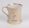 Staffordshire waisted cricket mug with strap handle and beaded rim, with cream background and three raised figures of a batsman, bowler and wicket keeper, believed to be Lillywhite, Pilch and Box unusually decorated in silver lustre, also silver lustre fl - 2