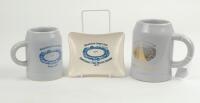 Melbourne Cricket Club. Centenary Test Match Dinner 1977’. Two ceramic tankards and ashtray with titles and details and image of the Melbourne Cricket Ground 1877 to centre. One tankard standing 4.75”, the other 4”, the ashtray approximately 5”x4”. Made b