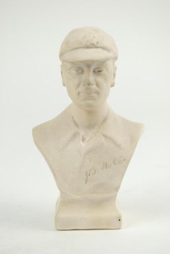 Jack Hobbs 1925. Plaster bust of Hobbs wearing cricket cap by E. Sheen. Produced to ‘Aid the Middlesex Hospital Reconstruction Fund 1925’. Hobbs signature to plaster front, details and date to verso. Chip to shoulder, some minor wear otherwise in good con