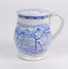 Staffordshire shaving mug. Victorian Staffordshire shaving mug and ceramic cover (lid) with strap handle, transfer printed in blue, with a cricket scene of batsman, wicket-keeper and two fielders with pavilion and trees to background. To verso, a football