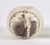 Kumar Shri Ranjitsinhji. Sussex & England 1895-1920. A stoneware circular match holder with transfer printed full length image of Ranjitsinhji full length in batting pose. Produced by Kepple of Bristol. Approx 2.75” high. Registration number R319664 for 1