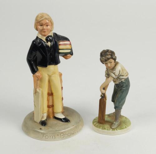 ‘Tom Brown’. Royal Doulton figure of Brown carrying books and a cricket bat with trunk behind. 7” tall. H.N. 2941 to base. 1982. Sold with a hand painted Royal Osborne figure of a boy batsman playing a shot. 5” tall. Qty 2. Good condition