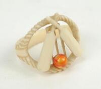 Cricket napkin ring. Attractive ivory/bone napkin ring with stumps and crossed bats with red ball to centre. Good condition. Unusual