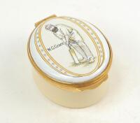 W.G. Grace. Modern enamelled oval white and cream pillbox hand decorated with a portrait of Grace in batting pose. Set of stumps decoration to inside lid. Produced by Crummles of Poole, Dorset. G