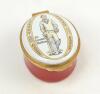 Sir Leonard Hutton. Modern enamelled oval white and red pillbox hand decorated with a portrait of Hutton full length in cricket attire walking out to bat . Cricket bat, pad and ball decoration to inside lid. Produced by Crummles of Poole, Dorset. VG