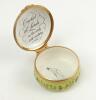 ‘Cricket at Lord’s’. Halcyon Days circular enamelled pill box. The lid with an early cricket scene at Lord’s, the hinged lid revealing title ‘Cricket at Lord’s in the early 19th century’ and small image of a cricketer in top hat. The outer decorated with - 2