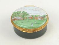 ‘The Hartley Wintney Cricket Ground. One of the oldest cricket grounds still being played on today’. Modern enamelled oval pillbox hand decorated with an image of the ground with match being played to lid. Produced by Crummles of Poole, Dorset. G