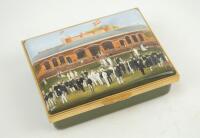 ‘Portrait group of members of the Marylebone Cricket Club outside the pavilion at Lord’s, after a painting by Henry Barraud’. Halcyon Days oblong enamelled box. The lid with the early cricket scene at Lord’s, the hinged lid revealing title. The outer deco