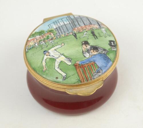 Cricket pillbox England v Australia 1880-1980. Enamelled oval pillbox decorated with a scene of the first Test match at the Oval 1880. Produced by Toye, Kenning & Spencer Ltd of London. Limited edition. VG