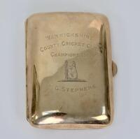 Frank Garfield Stephens. Warwickshire C.C.C. 1907-1912. Gold cigarette case presented to Stephens having been a playing member of the Warwickshire team who won the County Championship in 1911. The case, measuring 3”x2.25”, is nicely engraved and inscribed