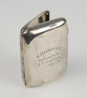 Cricket cigarette case. Silver oblong cigarette case presented by ‘Ellesmere C.C. Batting Award. J.T. Shipman 1911’. The case hallmarked ‘Birmingham 1901’. Sold with a small newspaper cutting referring to Joe Shipman of Ellesmere C.C. taking eight wicket