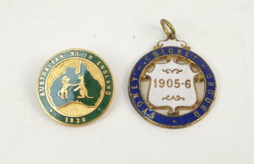 ‘Australian XI in England 1938’. Original players lapel pin badge produced for the 1938 Australian tour of England. The gold metal and green enamel badge made by Schlank of Adelaide features a map of Australia to centre with a kangaroo and lion shaking ha