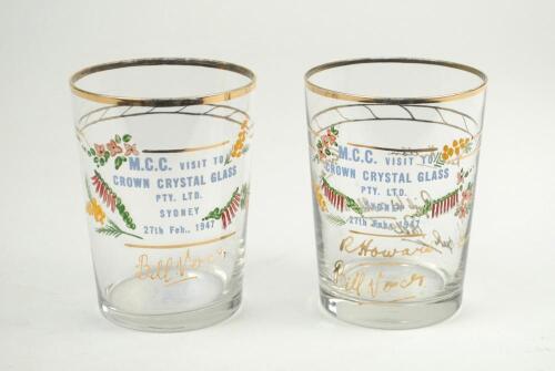 William Voce. Nottinghamshire & England 1927-1952. Attractive glass tumbler commemorating the ‘M.C.C. visit to the Crown Crystal Glass Pty Ltd, Sydney on the 27th February 1947. W.E. Voce’. Drinking glass, with colourful printed title and floral decoratio