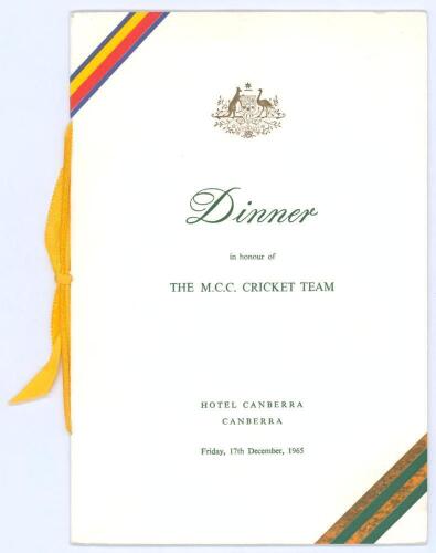 M.C.C. tour to Australia & New Zealand 1965/66. Official menu for the ‘Dinner in honour of the M.C.C. Cricket Team’ held at the Hotel Canberra, Canberra, 17th December 1965. The menu with M.C.C. and Australia diagonal colours to corners and Australia embl