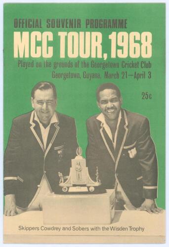 M.C.C. tour to West Indies 1967/68. Official souvenir programme for the final leg of the tour with three matches played including the fifth and final Test at Georgetown Cricket Club, Georgetown, Guyana, 21st March- 3rd April 1968. Original pictorial wrapp