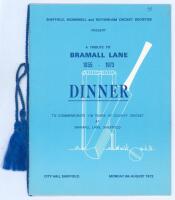 ‘A Tribute to Bramall Lane 1855-1973. To commemorate 118 Years of County Cricket at Bramall Lane, Sheffield’. Official menu for the Dinner given by Sheffield, Wombwell and Rotherham Cricket Societies, held at City Hall, Sheffield on the 6th August 1973. T