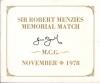 ‘Sir Robert Menzies Memorial Match. Melbourne Cricket Ground, November 1978’. Folding card commemorative folder with titles to front cover and inside a photograph of the England and Victorian teams who played in the match. The borders of the folder signed