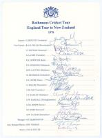 Rothmans Cricket Tour. England Tour to New Zealand 1978’. Rarer official autograph sheet with printed title and players’ names. Nicely and fully signed in ink by all nineteen members of the touring party. Signatures are Boycott (Captain), Willis, Botham, 