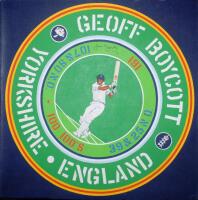 ‘Geoff Boycott. Yorkshire. England’. Large hand painted display on canvas with Boycott depicted batting for England to centre, set in a roundel with titles to borders on dark blue background. Produced for Boycott on reaching 100 first-class centuries. Sig