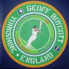 ‘Geoff Boycott. Yorkshire. England’. Large hand painted display on canvas with Boycott depicted batting for England to centre, set in a roundel with titles to borders on dark blue background. Produced for Boycott on reaching 100 first-class centuries. Sig