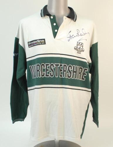 Steven J. Rhodes. Worcestershire & England 1985-2004. Worcestershire ‘Axa’ League green, white and black shirt with club emblem and ‘Powerline. MEB’ logo to chest worn by Steve Rhodes. ‘Rhodes’ to back. Signed to chest by Rhodes. Good condition