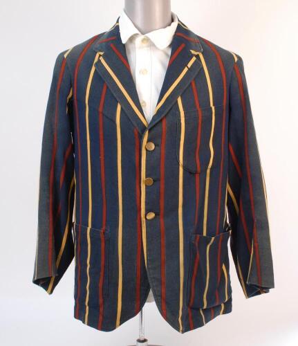 Edward Roy Nesfield, Worcestershire C.C.C. 1919-1920 & Somerset Stragglers. Somerset Stragglers striped cricket blazer, by D. Brown & Co of Taunton worn by Nesfield. The mid blue blazer with thin stripes of red and gold has name handwritten to the label a