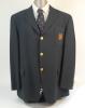 Robin Geoffrey Marler. Sussex 1951-1968. M.C.C. ‘members’ blazer and tie worn by Marlar. The navy blue blazer and navy blue tie with emblem in red and yellow colours of the Marylebone Cricket Club. Gilt M.C.C. buttons to front of blazer and to sleeves. Ma