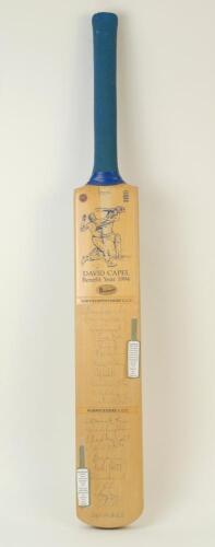 ‘David Capel. Benefit Year 1994’. Full size bat signed by the Northamptonshire and Warwickshire teams who played in that year. Twenty two signatures including Lamb, Bailey, Capel, Cook, Curran, Penberthy, Ambrose etc of Northamptonshire and Reeve, Munton,