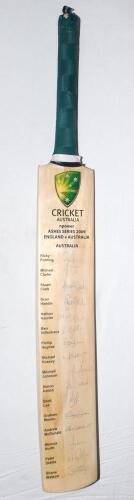 ‘Cricket Australia. npower Ashes Series 2009 England v Australia’. Full size Duncan Fearnley bat with printed title and players’ names, fully signed by all sixteen listed members of the Australian team. Signatures are Ponting (Captain), M. Clarke, S. Clar