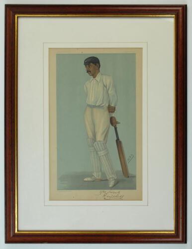 Kumar Shri Ranjitsinhji, Sussex & England 1893-1920. Vanity Fair. ‘Ranji’. Original colour chromolithograph of Ranjitsinhji by SPY, dated 26th August 1897. Very nicely signed ‘Yours Sincerely’ by Ranjitsinhji in black ink to lower right hand border. The i