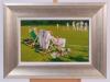 ‘Pitchside Commentary’ by John Haskins. Oil on panel portrait by Haskins of a delightful and colourful cricket scene, two elderly spectators sitting by the boundary edge in deck chairs watching a cricket match, cup and saucer, shoes and newspaper scattere