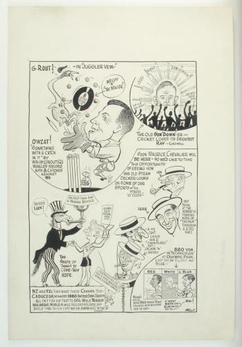 ‘G-Rout- In Juggler Vein’. 1960. Large and impressive original pen and ink caricature/ cartoon newspaper artwork for an Australian newspaper by artist Samuel Wells. The top half of the cartoon depicts Wally Grout in wicket keeper mode having taken a world