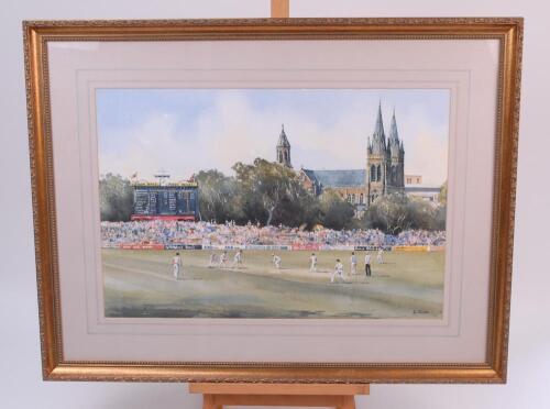 ‘Australia v England, The Ashes, Adelaide Oval circa 1980/90’s. Large and original watercolour painting of the Adelaide Oval with the Cathedral and iconic scoreboard to background by well know artist Eric Thompson. The painting shows an Ashes match in pr