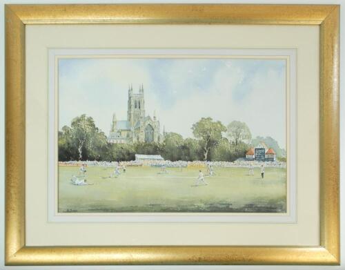 ‘New Road, Worcester’ circa 1980’s. Large original watercolour painting of the County Ground at Worcester with the imposing and beautiful Worcester Cathedral to background by well know artist Eric Thompson. The painting shows a match in progress with larg