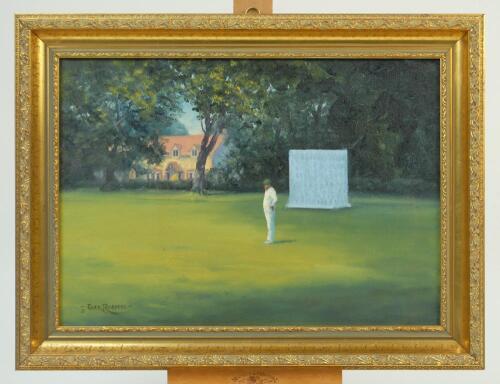 ‘Fielding in the Deep’. Original oil painting on canvas by Jack Russell featuring a cricket scene of a fielder wearing green cap down near the sightscreen with a house and trees to background. Signed by Russell to left hand corner. Attractively presented 